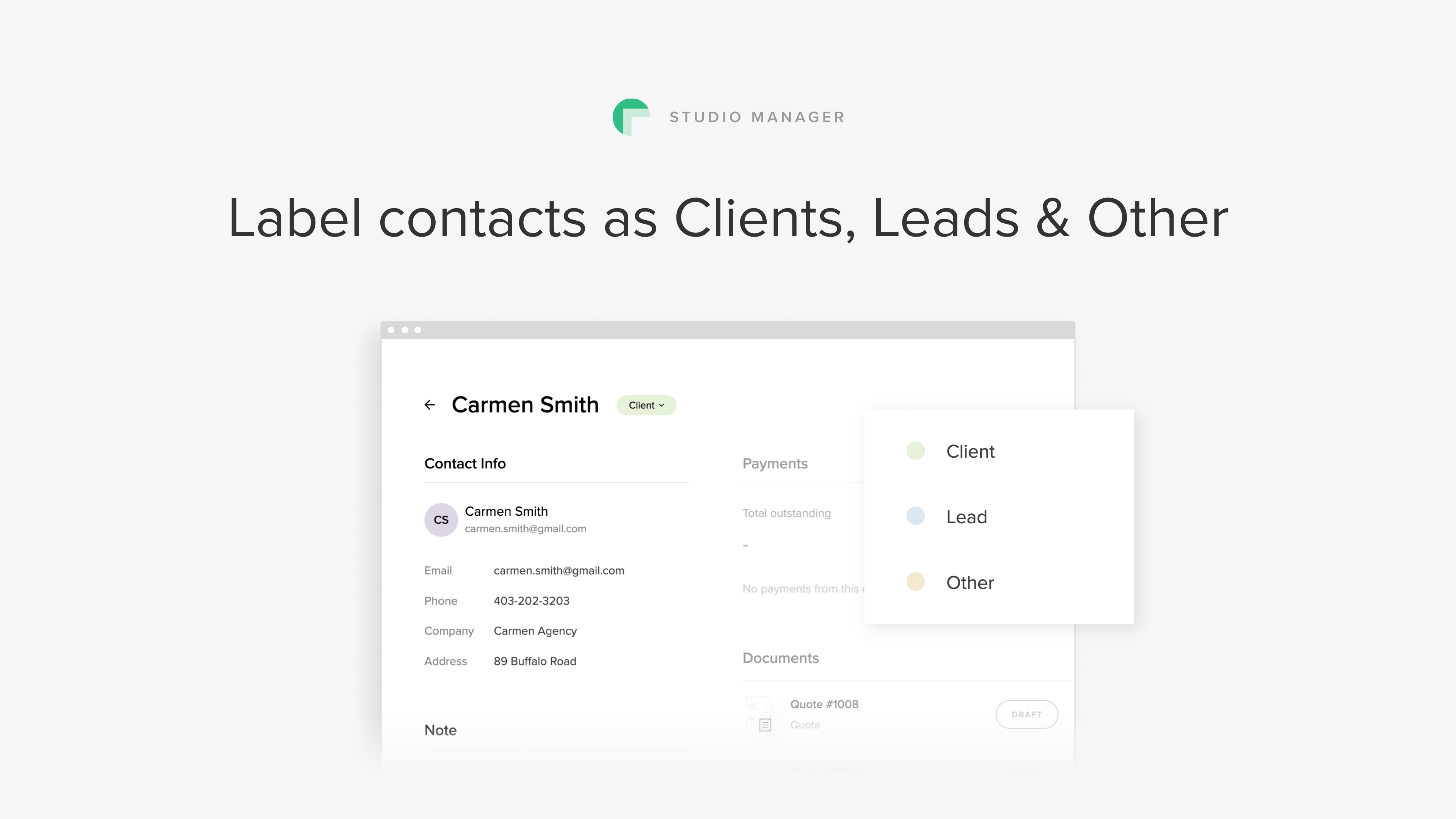 Displaying the option to label contacts as client leads and others.