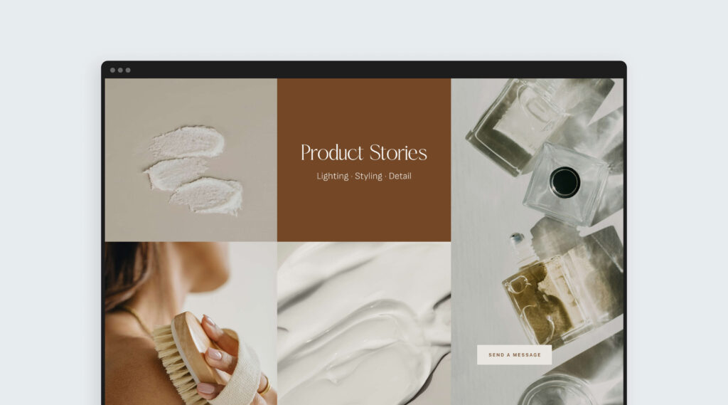 A mosaic grid layout combining images with text and details