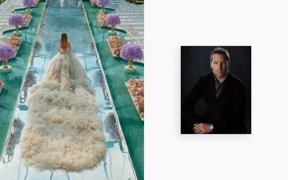 Ray Roman image beside a GIF of a bride and the train of her wedding dress