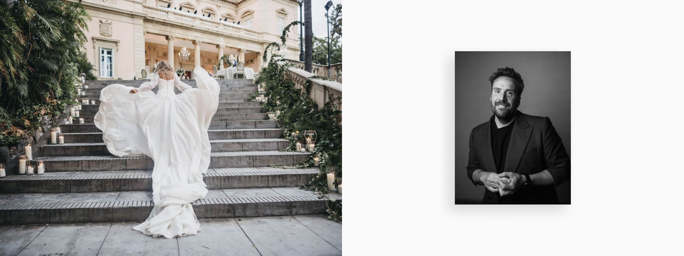 Side by side portrait of Serafin Castillo, Spain based wedding photographer and an image of a bride running up the stairs