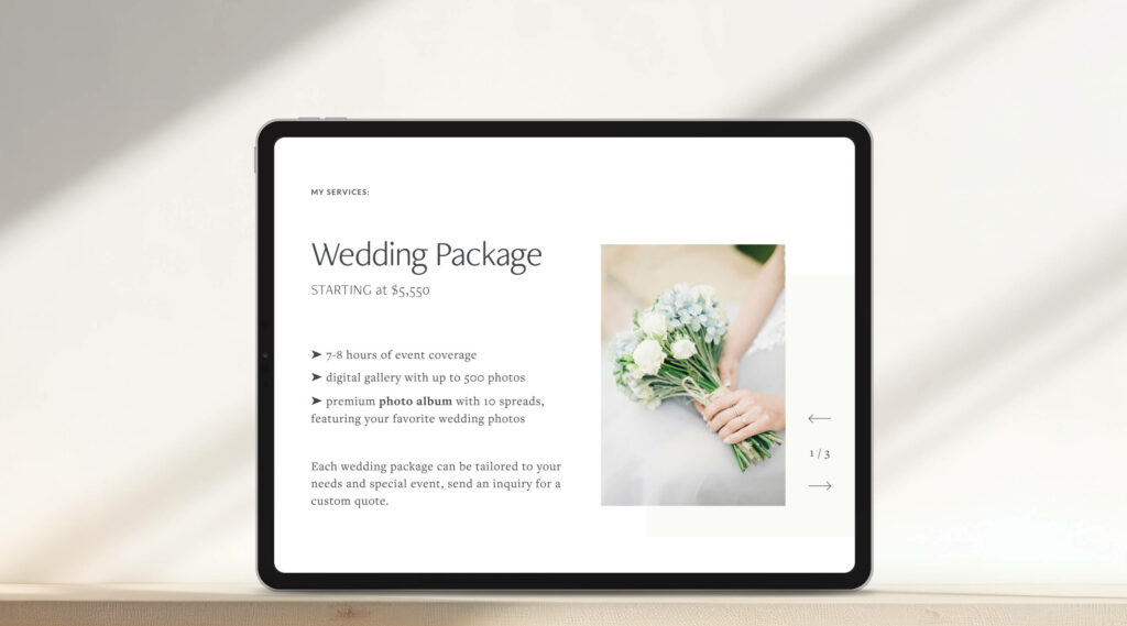 ipad with a photography pricing package featuring a wedding bouquet and information about services and albums