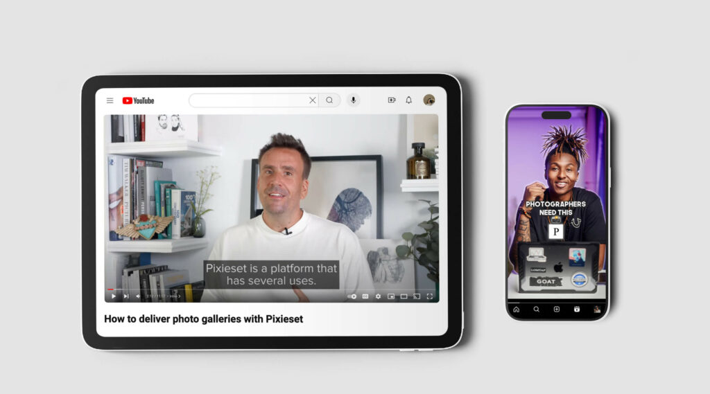 Ipad showing a Youtube video where Serafín Castillo, wedding photographer, shares how he delivers photo galleries with Pixieset, and next to the iPad there is an iPhone with a reel of a person recommending Pixieset to photographers