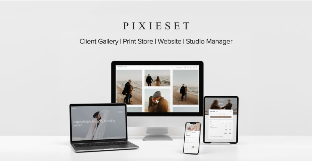 Pixieset tools shown in different devices: website templates, client gallery, booking site, and documents.