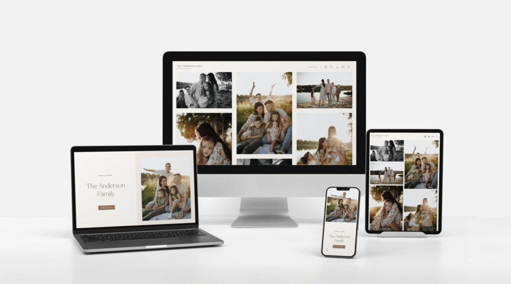 Family photo gallery showcased on various devices: laptop, desktop, mobile, and tablet.