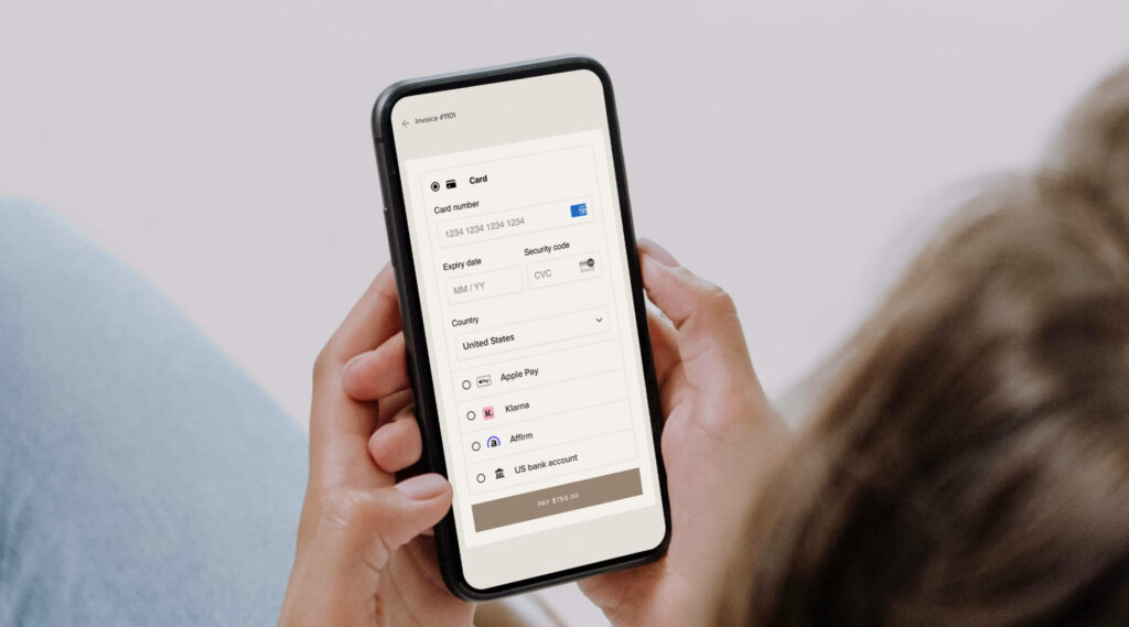 Telephone opened and checkout page, showing payment options: credit cards, apple play, Klarna, affirm, US bank transfers.