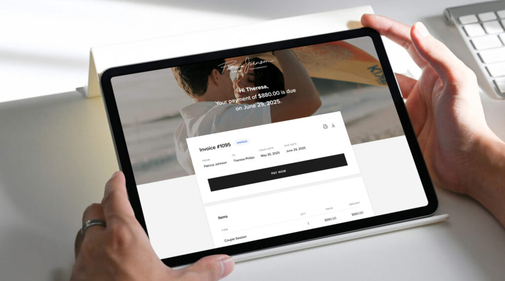 Digital invoice created in Pixieset inside an iPad. 