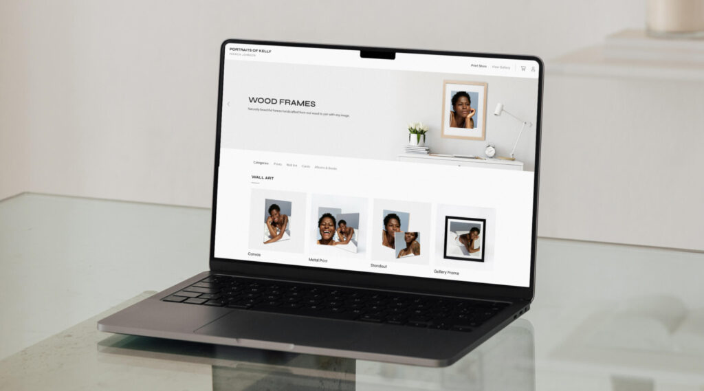 Laptop showing a Print Storefront inside Pixieset, with canvas, gallery frames, and other print products