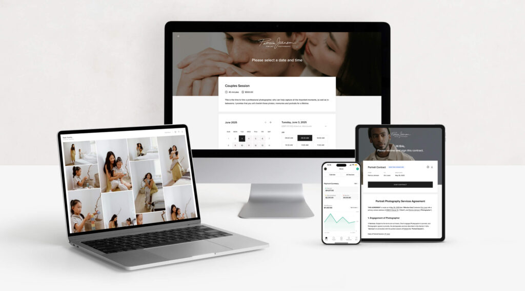 Devices showing a Pixieset photog gallery, Studio Manager mobile app, a booking site and a digital contract