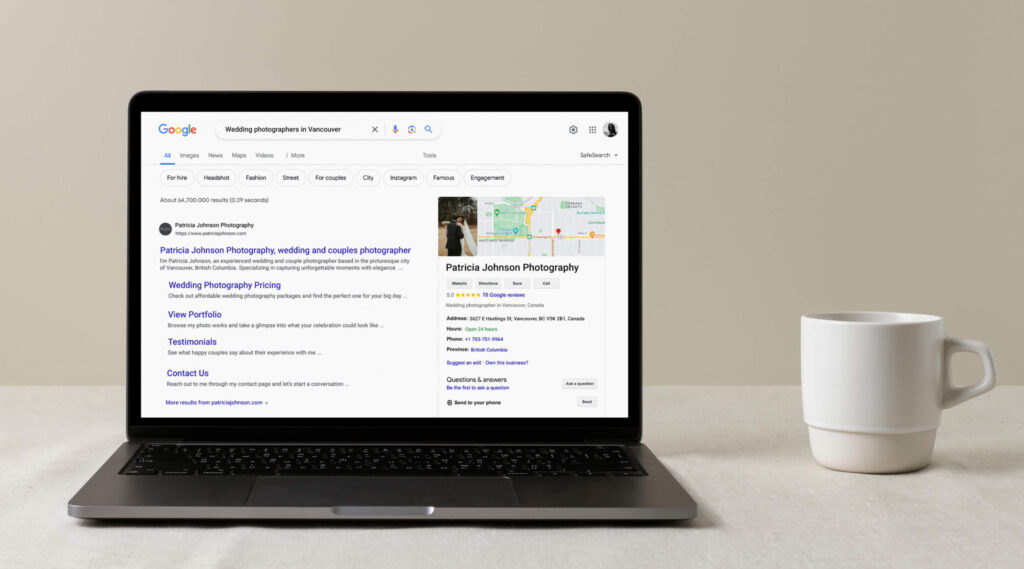 A preview of search results for wedding photographers in Vancouver inside the device